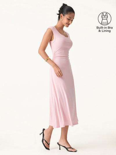 OGLmove Scoop Neck Side Ruched New Airy Bra Midi Dress