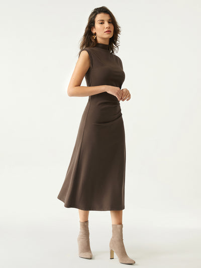 OGLmove Mockneck Tucks Midi Dress Regular Hazelnut Coco
