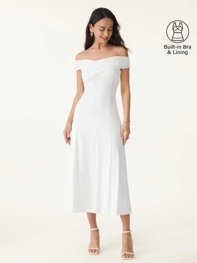 OGLmove Flowy Criss Cross Off-shoulder Midi Bra Dress Pure White XS