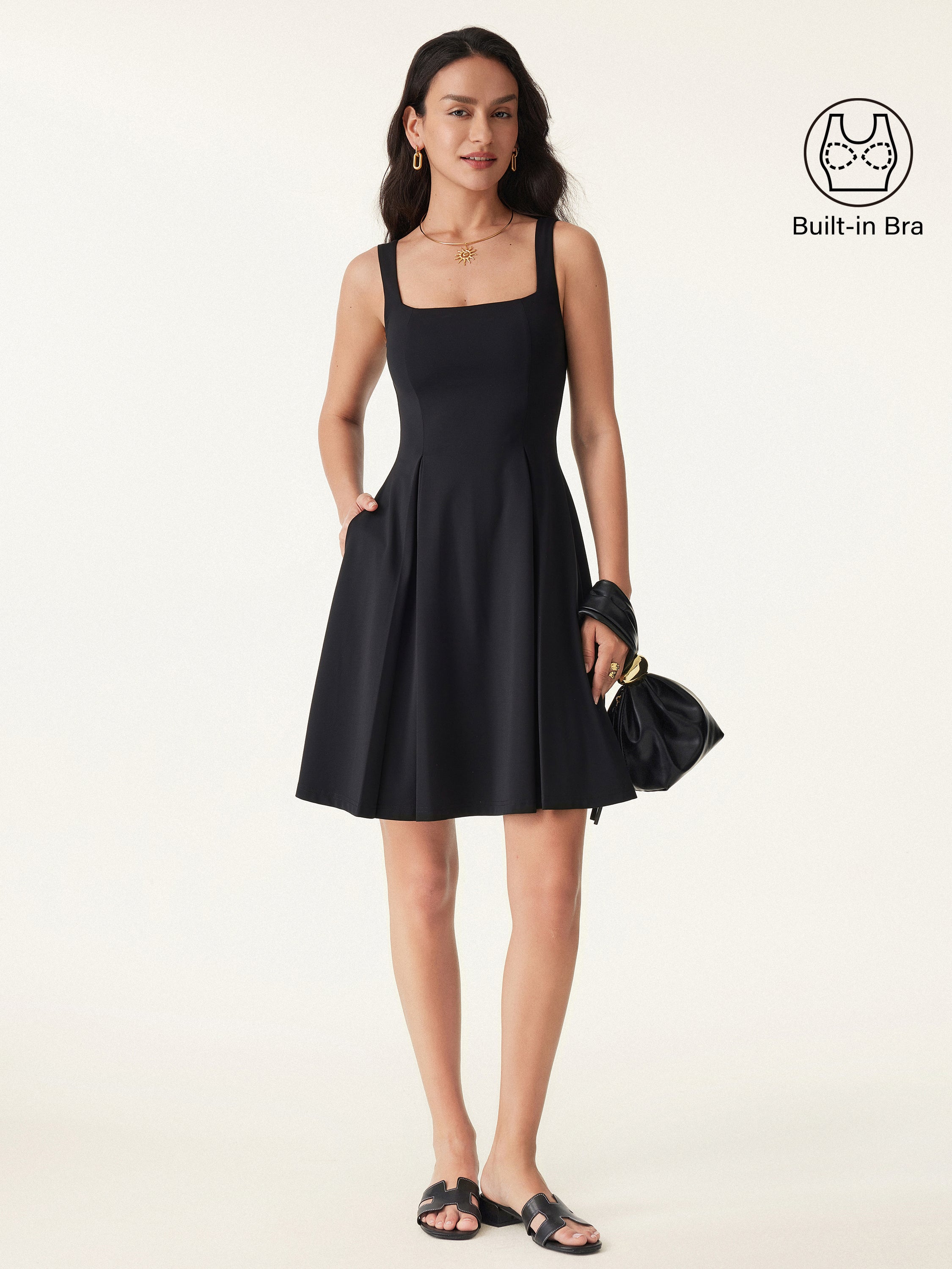 knee length dresses for ladies Casual Going Out Regular Fit Black/2XL Mini Dresses Sleeveless Square Neck Women Dresses OGLmove