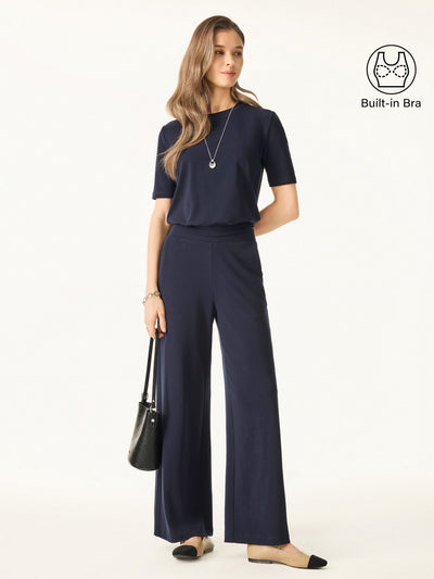 OGLmove 2Pcs Set Petite Mid Rise Wide Leg Pants with Pockets & Crewneck Bra Top with Banded Hem Smoky Navy XS