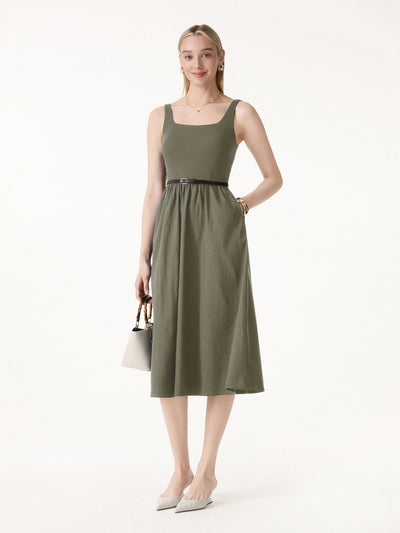 OGLmove Cotton-Linen Blend Square Neck Fit-and-Flare Midi Bra Dress