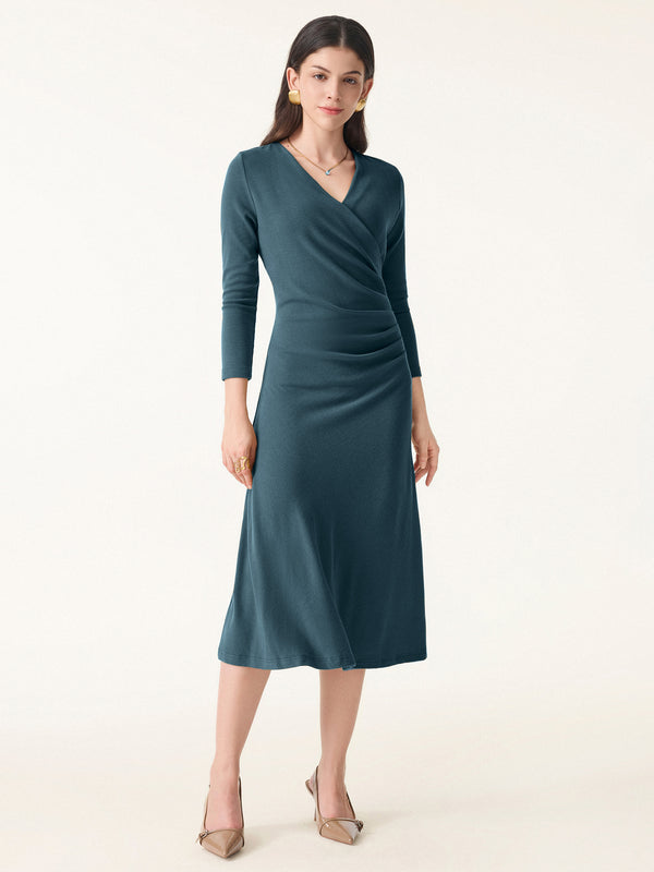Slimming Surplice 3/4 Sleeve Midi Dress Forest Night XS
