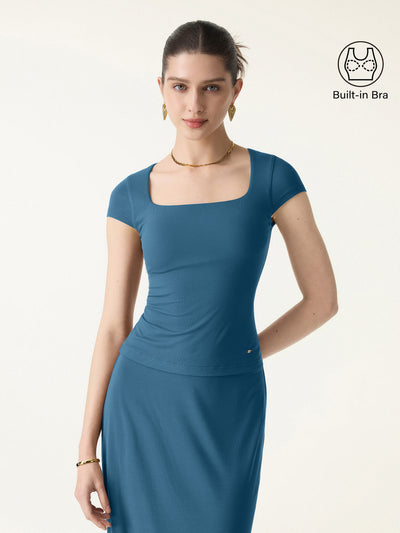 OGLmove SkinKiss Square Neck Cap Sleeve Cropped Bra Top Dark Marine XS