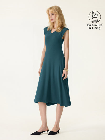 OGLmove Plantive Flowy V-Neck Flared A-Line Midi Bra Dress Deep Water XS