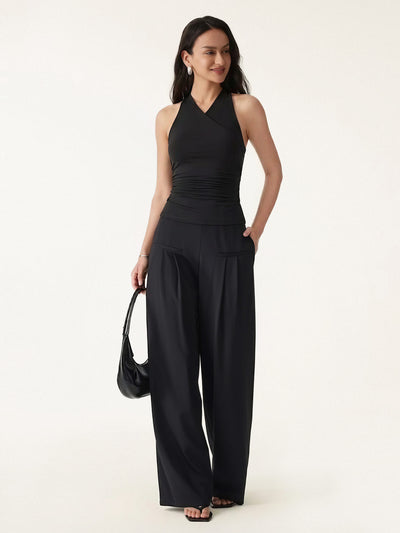 OGLmovede 2Pcs Set Surplice Sleeveless Top & Mid Rise Wide Leg Trouser Black/Black XS