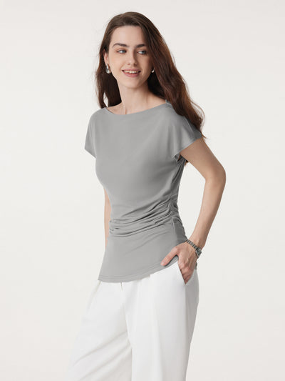 OGLmove Boatneck Flutter Sleeve Side Tucked Long Tee Evening Grey XS