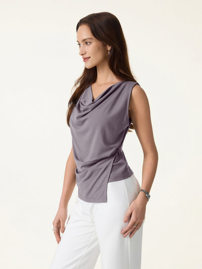 OGLmove 2Pcs Set Cowl Asymmetrical Tucked Top & Wide Leg Pants with Pockets