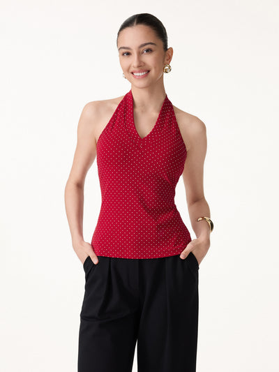 OGLmove Stretch Cotton Polka Dot Halter Neck Open Back Bra Top Red/White Polka Dot XS