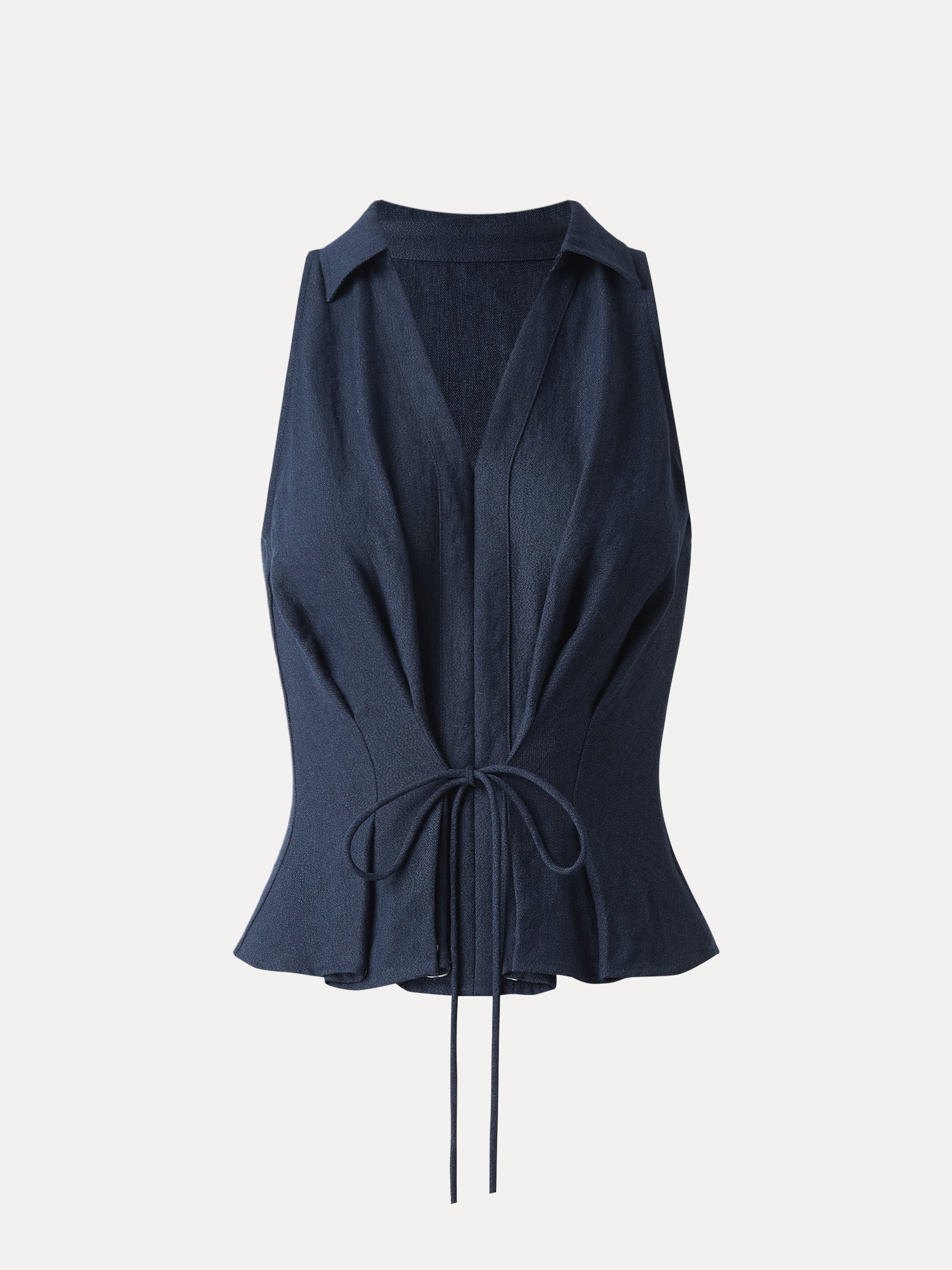 Collared V-neck Pleated Sleeveless Top with Drawstring