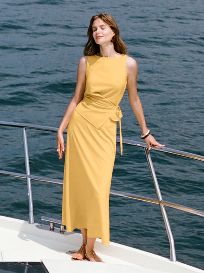 OGLmove 2Pcs Set Boatneck Waist-Defined Top & Maxi Flared Pull-On Skirt Dandelion Yellow XS