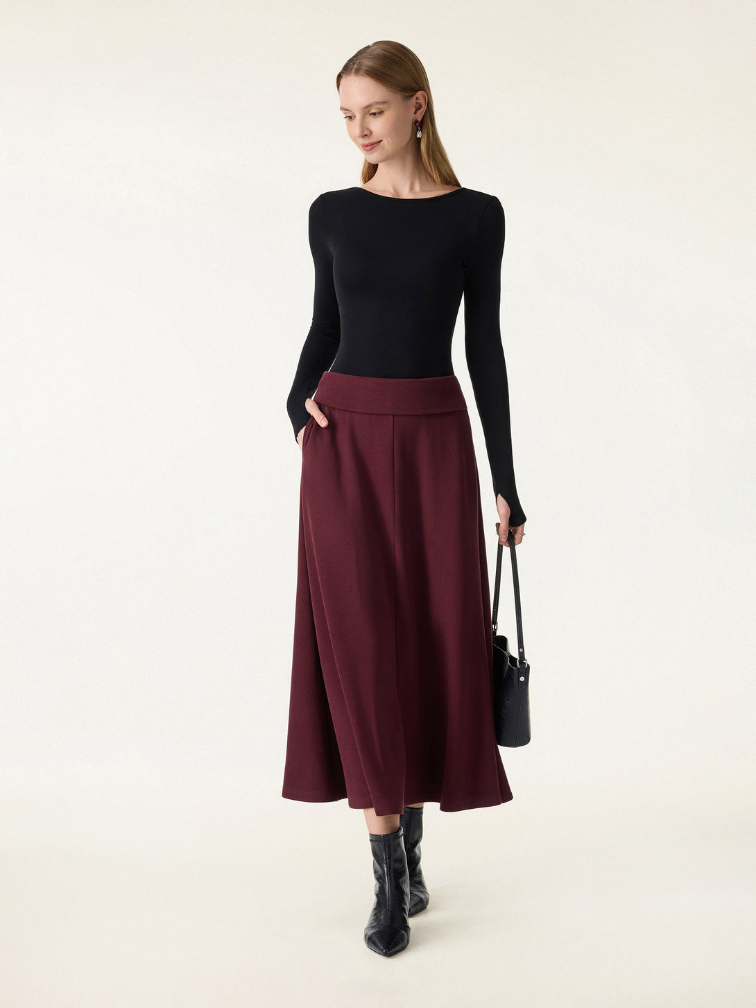 Tummy-Warmer Midi Pull-on A-Line Skirt with Pockets Ruby Red XS