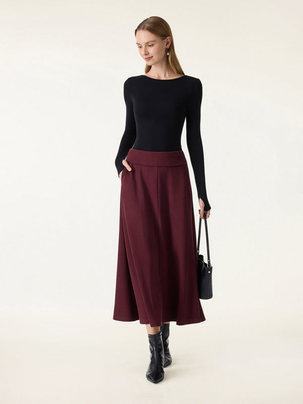 Tummy-Warmer Midi Pull-on A-Line Skirt with Pockets Ruby Red XS