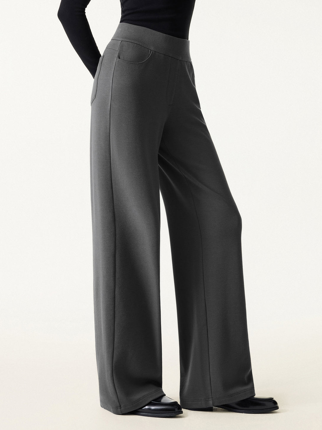 Mid Rise Wide Waistband Wide Leg Pull-on Pants with Pockets