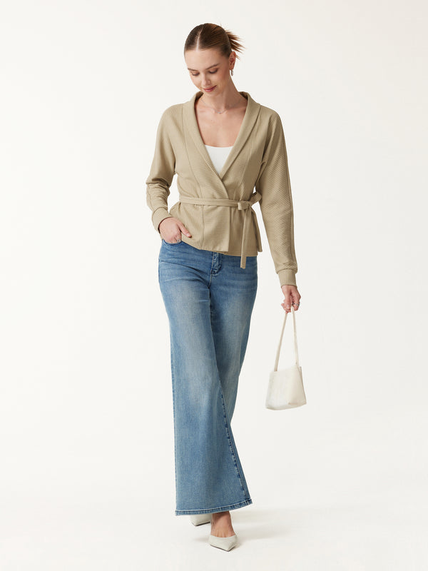 OGLmove Textured Cotton Blend Lapel Belted Open-Front Jacket