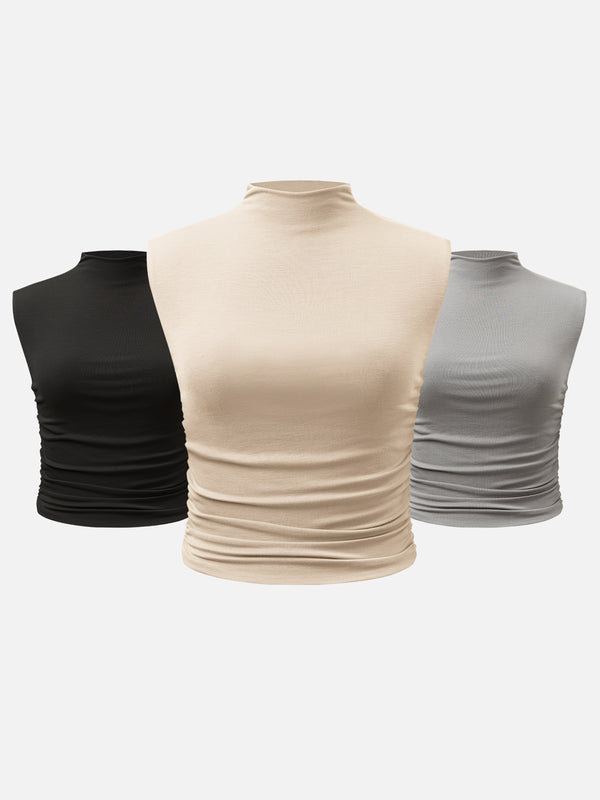 Eco-SkinKiss® Workleisure Mock Neck Ruched Sides Tank Top-3Pcs Set