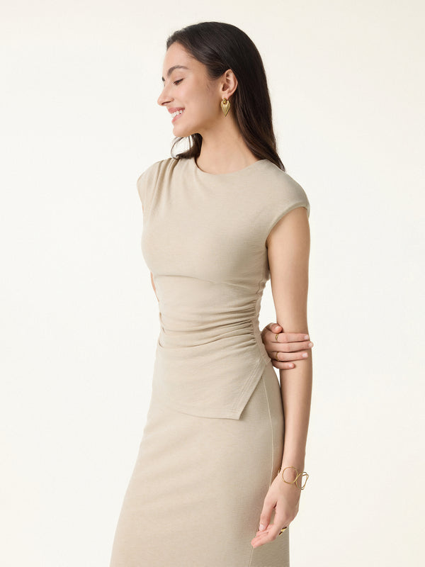 OGLmove Matte Smooth Cap Sleeve Ruched Asymmetrical Bra Top Almond Clay Beige XS