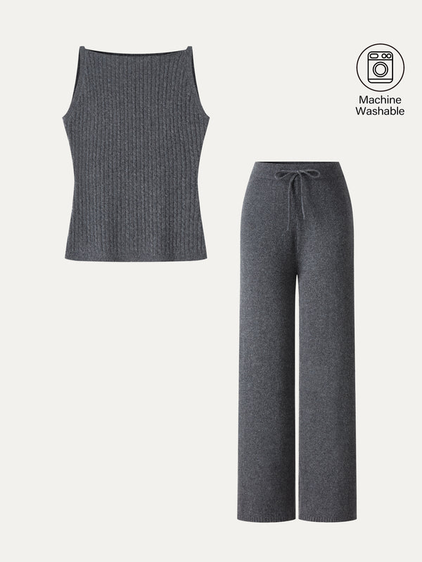 OGLmove 2Pcs Set Sleeveless Cable-Knit Sweater Tank & Drawstring Wide-Leg Knit Pants