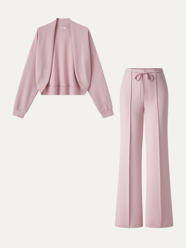 OGLmove 2Pcs Set Long Sleeve Drop-Shoulder Cardigan & High-Rise Flare Pants with Pockets