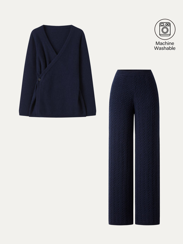 OGLmove 2Pcs Set V-Neck Long Sleeve Wrap Sweater & Cable-Knit Wide-Leg Pants with Pockets