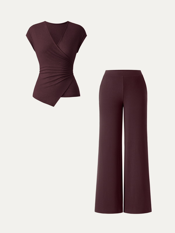 OGLmove 2Pcs Set Lyocell Wool Surplice Cap Sleeve Top & Mid Rise Wide Leg Pants with Pockets