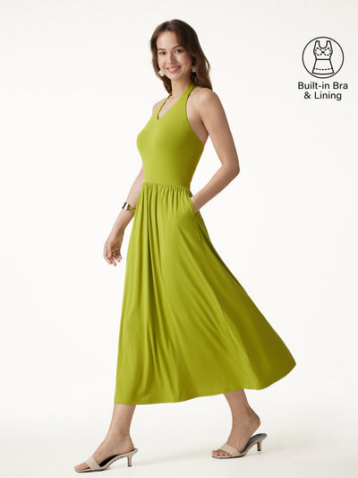 OGLmove SkinKiss Halter Ruched Midi Bra Dress with Pockets Sprout Green XS