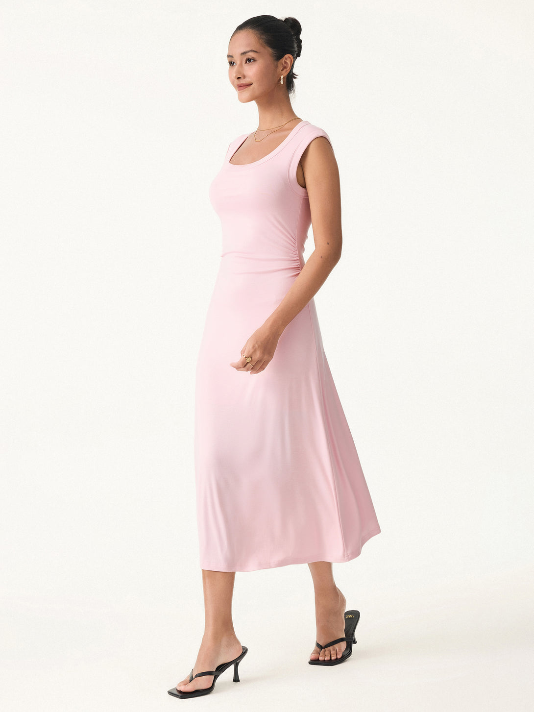 Scoop Neck Side Ruched New Airy Brami Midi Dress