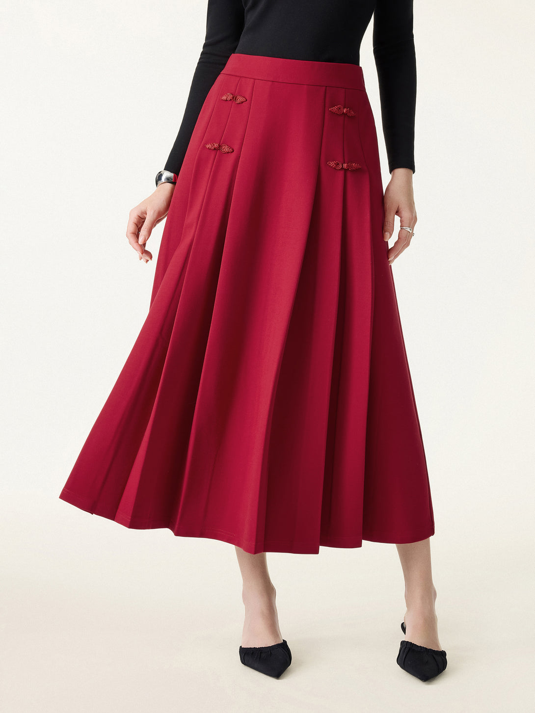 Pleated Frog Button Decor Midi A-line Skirt Retro Red XS