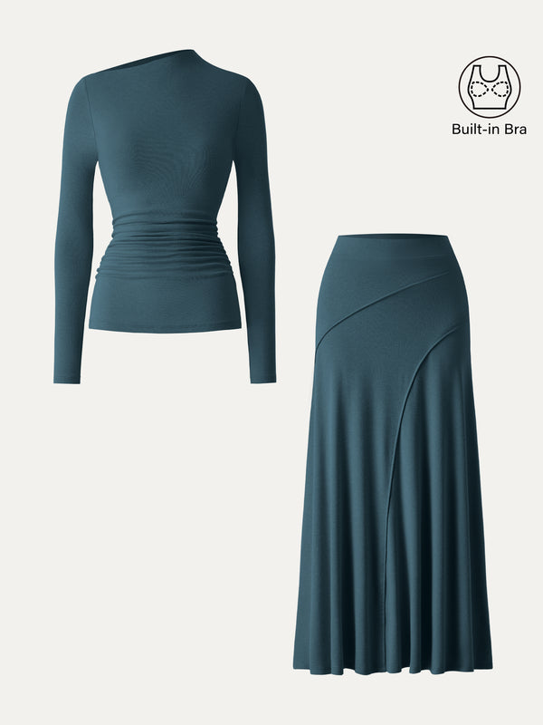 OGLmove 2Pcs Set LiteWarm Asymmetrical Long Sleeve Built-In Bra Top & A-Line Midi Skirt