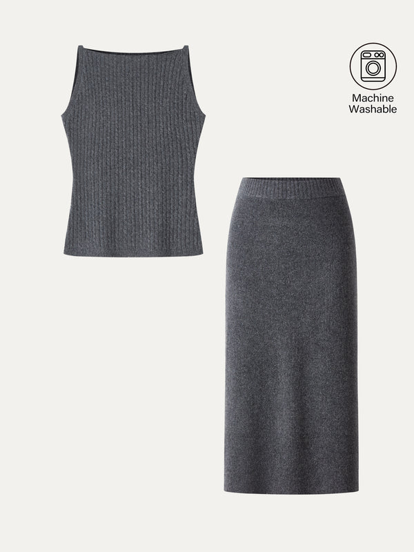 OGLmove 2Pcs Set Merino-Blend Sleeveless Sweater Tank & Merino-Blend Knit Skirt