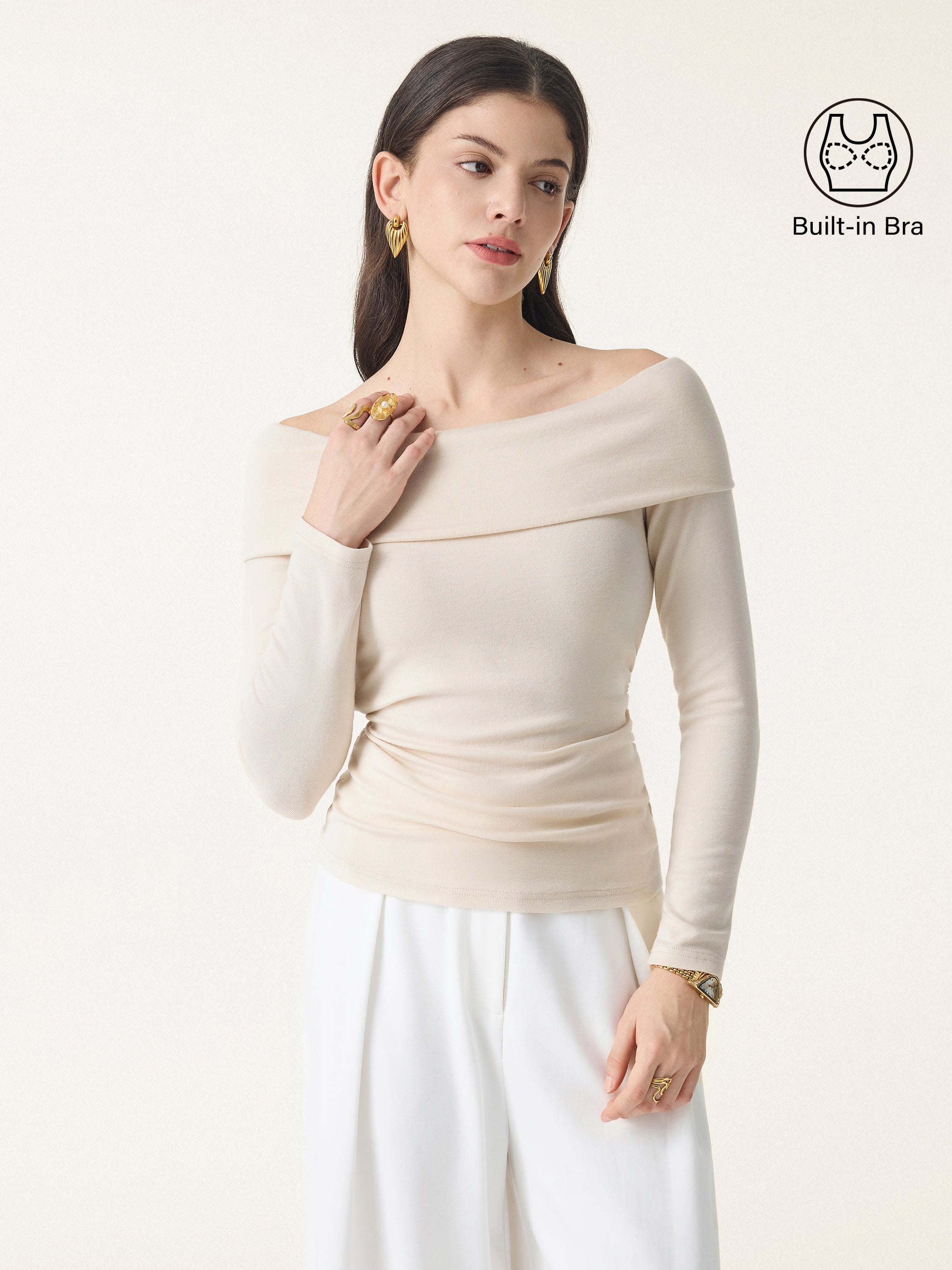 Off-Shoulder Long Sleeve Side Ruched Brami Top
