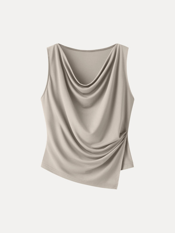 OGLmove Cowl Neck Asymmetrical Tucked Sleeveless Top Limestone XS