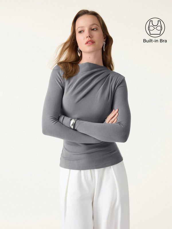 ProWarm Ruched Boatneck Long Sleeve Brami with Thumbholes Grey XS
