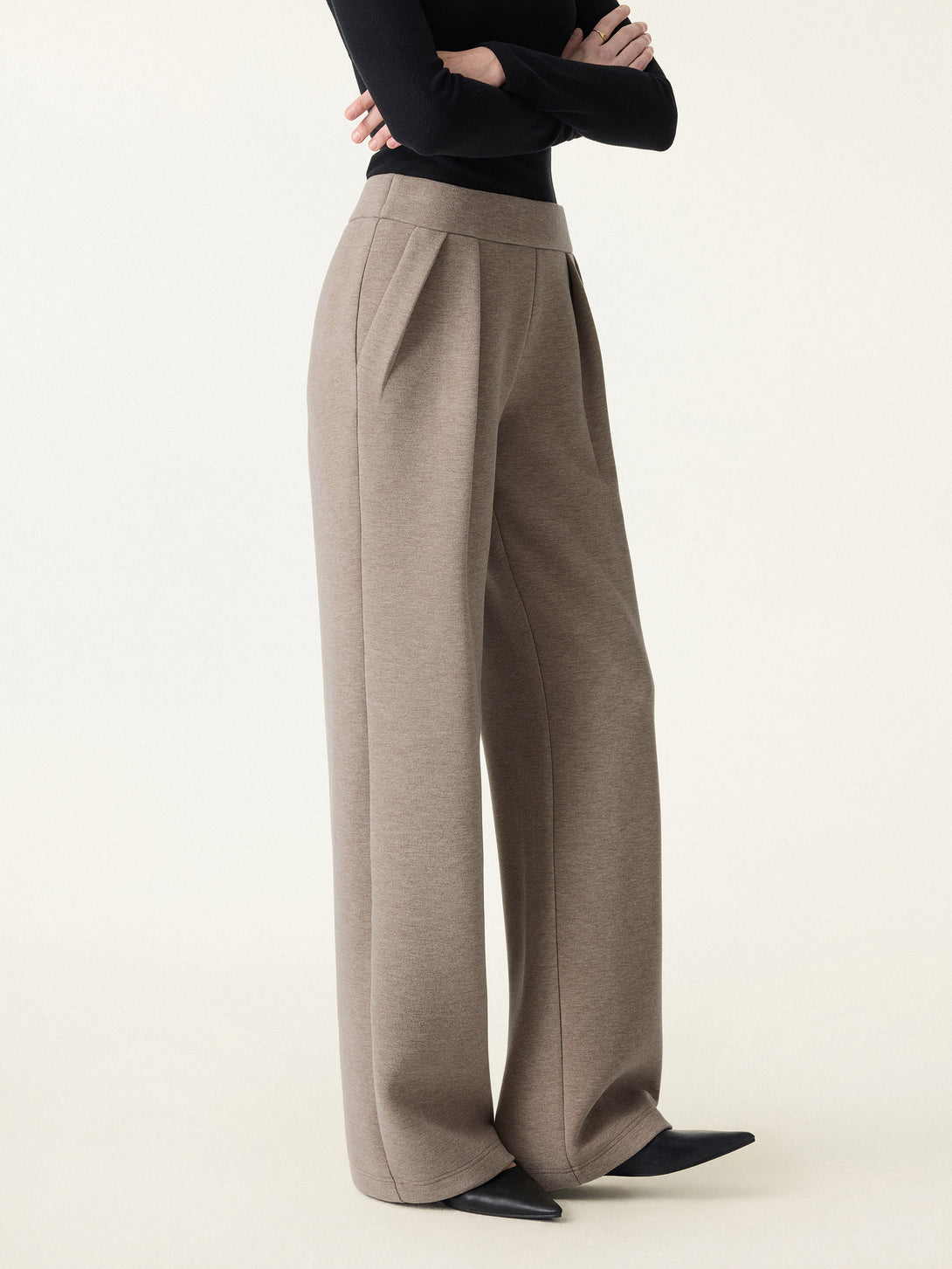 2Pcs Set Stand Collar Belted Coat & Mid Rise Straight Pull-on Pants with Pockets