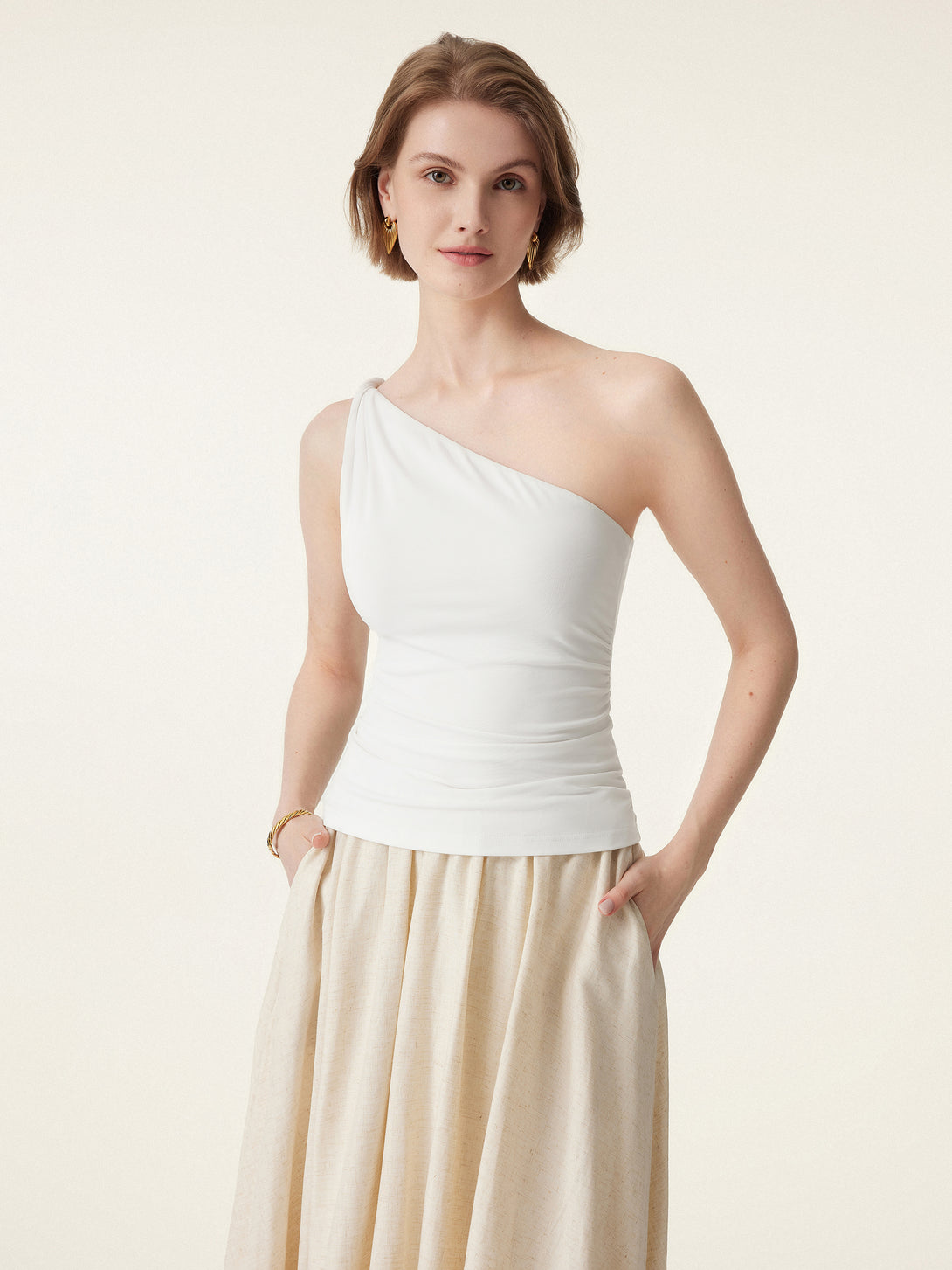 2Pcs Set One Shoulder Twisted Brami Tank & Smocked Waist Skirt with Pockets