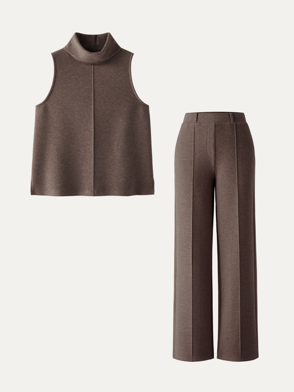 OGLmove 2Pcs Set Tall Turtle Neck Split Hem Top & High Waisted Warm Straight Leg Pull On Pant