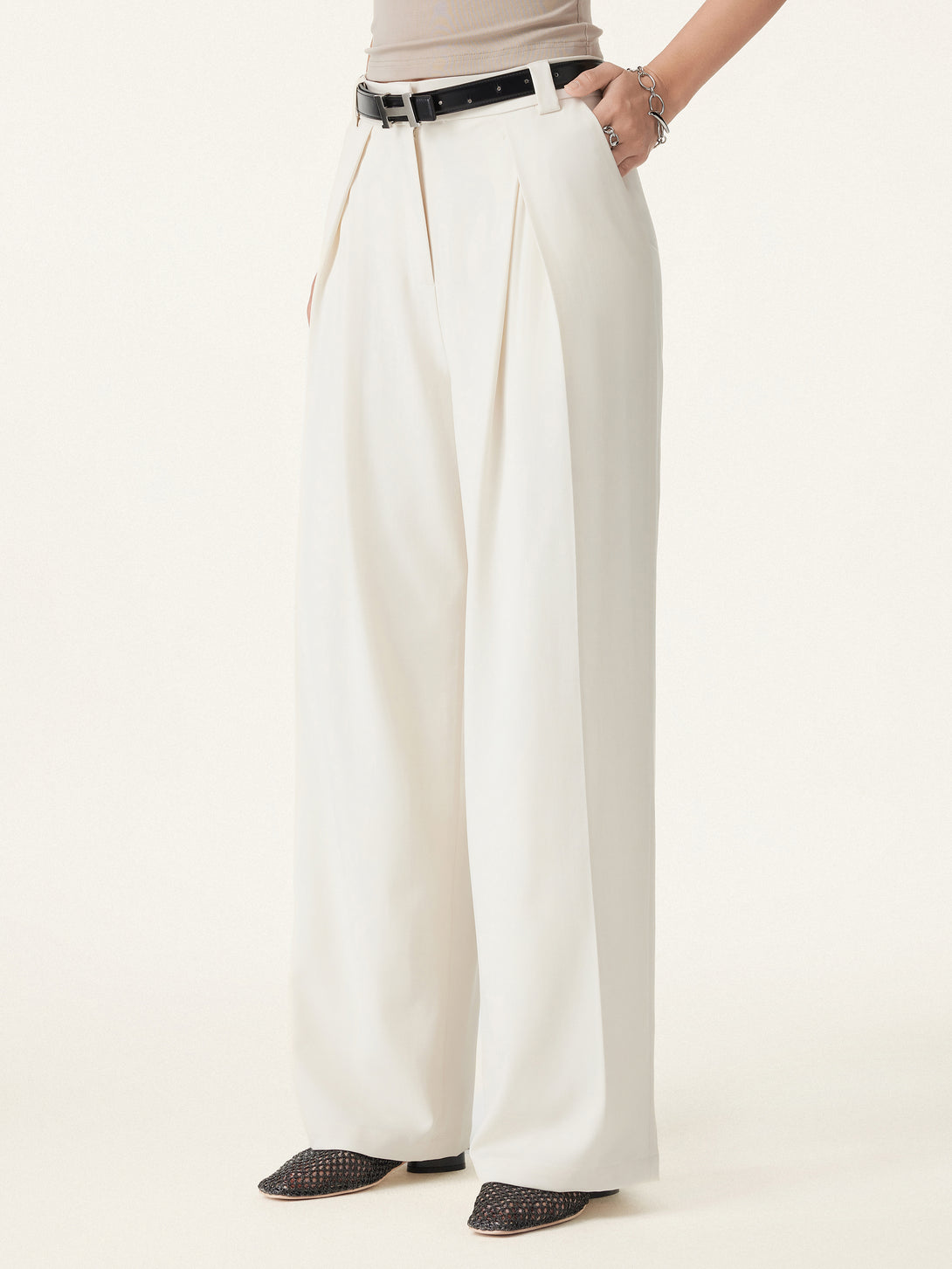 Tencel-Linen Pants Wrinkle-Free Tucked Wide Leg Trouser
