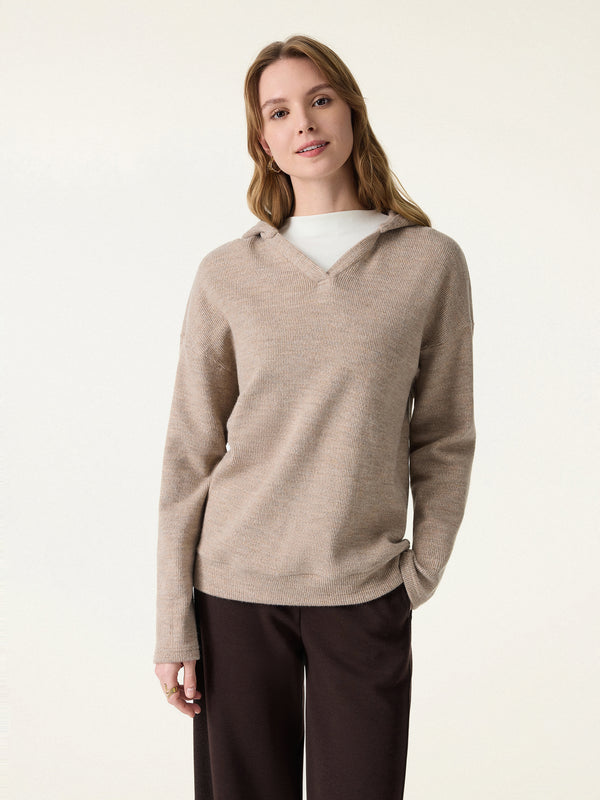 Hooded Long Sleeve Knit Sweater Heather Taupe XS
