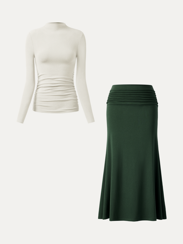 OGLmove 2Pcs Set Prowarm Ruched Sides Mockneck Top & Mermaid Maxi Skirt