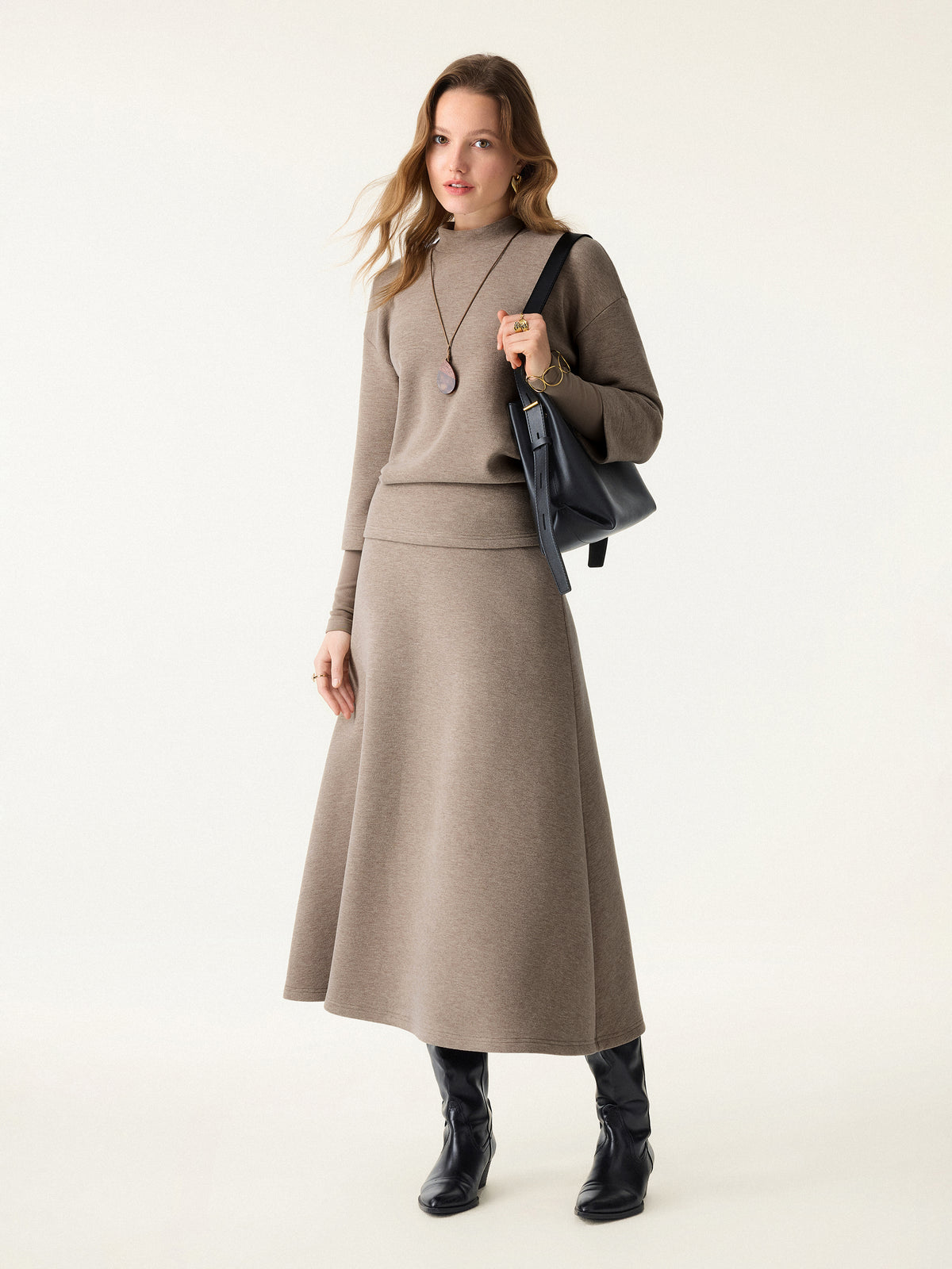 2Pcs Set FuzzLuxe Mockneck Sleeve Warmer Top & Midi line Circle Skirt