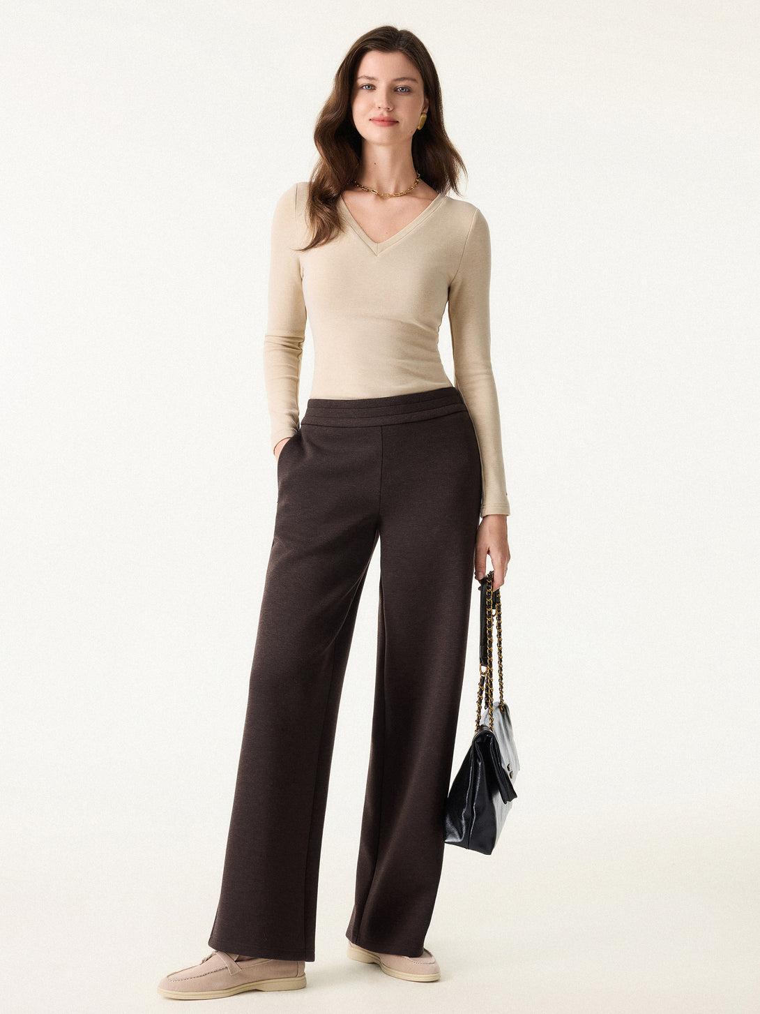 Cozy Warm High Rise Straight Leg Pull-on Pants with Pockets Regular Espresso