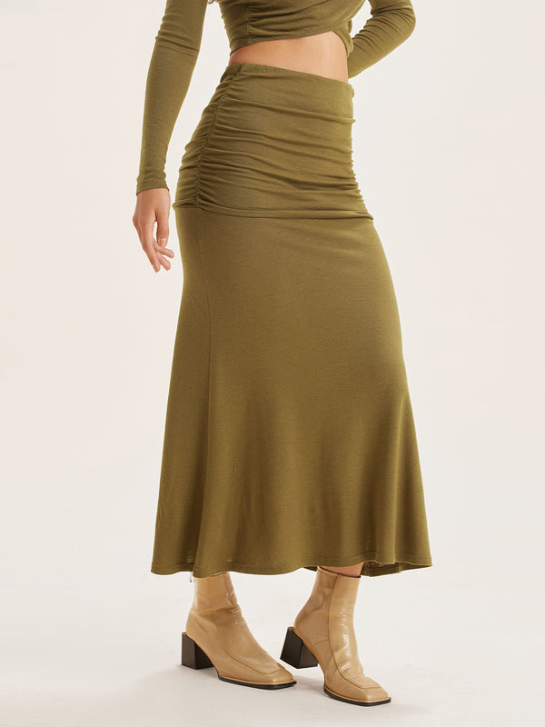 Soft Tencel Wool Mid-Waist Ruches Midi Skirt