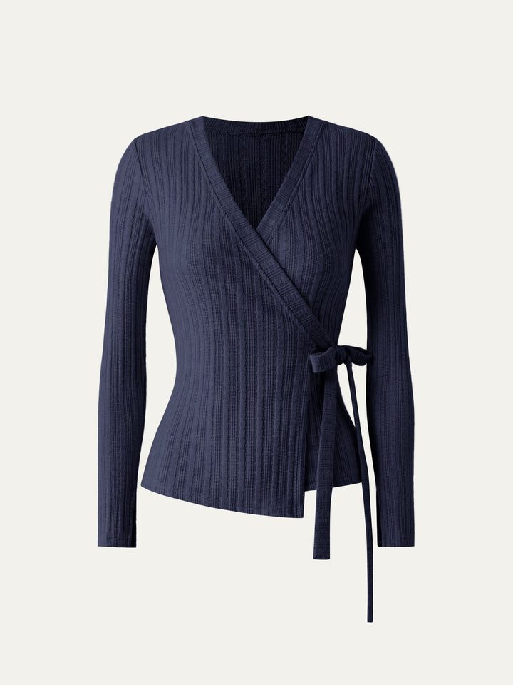 navy jacquard wrap tie top