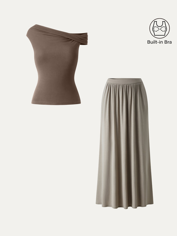 OGLmove 2Pcs Set Multi-wear Necklines Bra Top & Gathered A-Line Maxi Skirt with Pockets