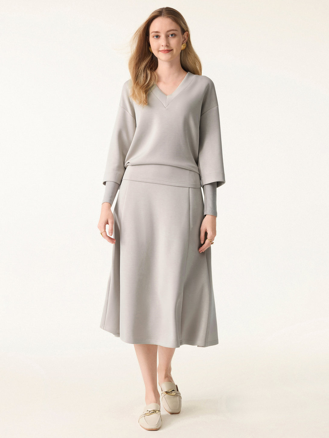 V-neck Hip Length Top with Sleeve Warmers