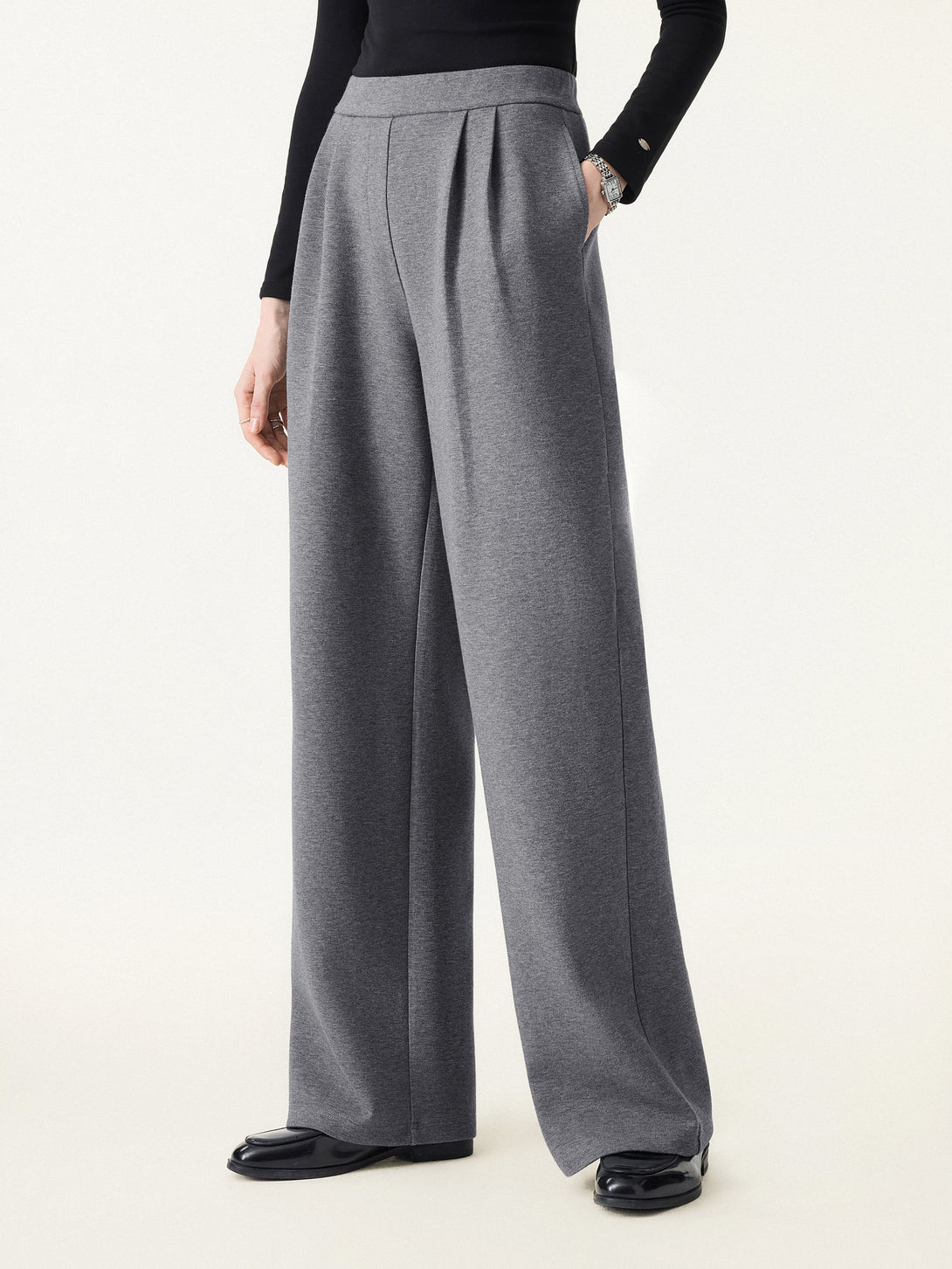 Cozy High Rise Wide Leg Tucked Pull-on Pants with Pockets