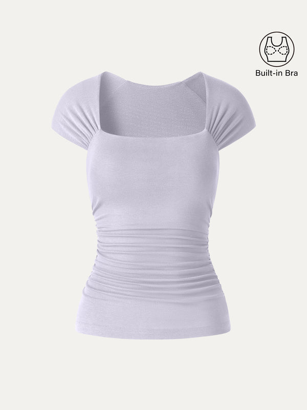 OGLmove Cool-Touch Square Neck Cap Sleeve Ruched Bra Top