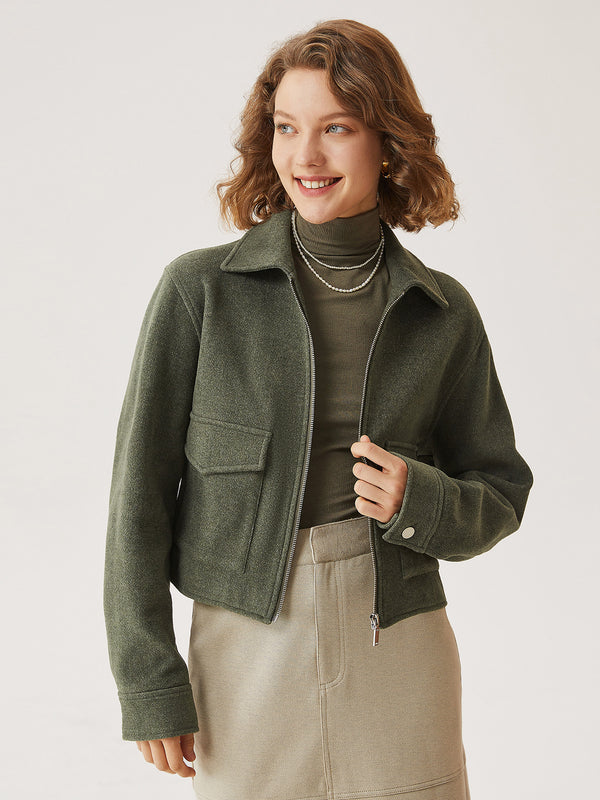 Wool-Like Fleece Full-Zip Cropped Jacket