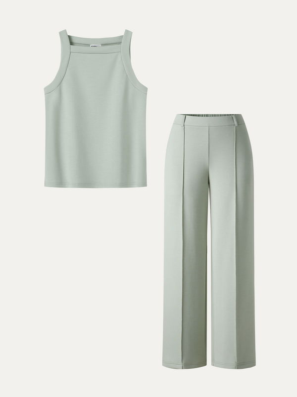 OGLmove 2Pcs Set Square Neck Sleeveless Top & Straight-Leg Pants with Pockets