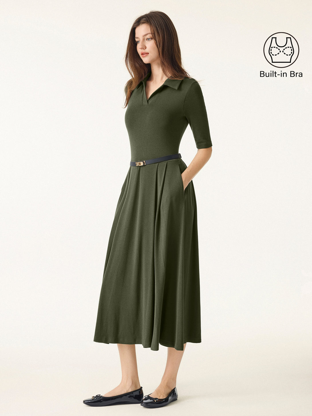 Polo Neck Elbow Length Sleeve Midi Brami Dress with Pockets Deep Olive XS